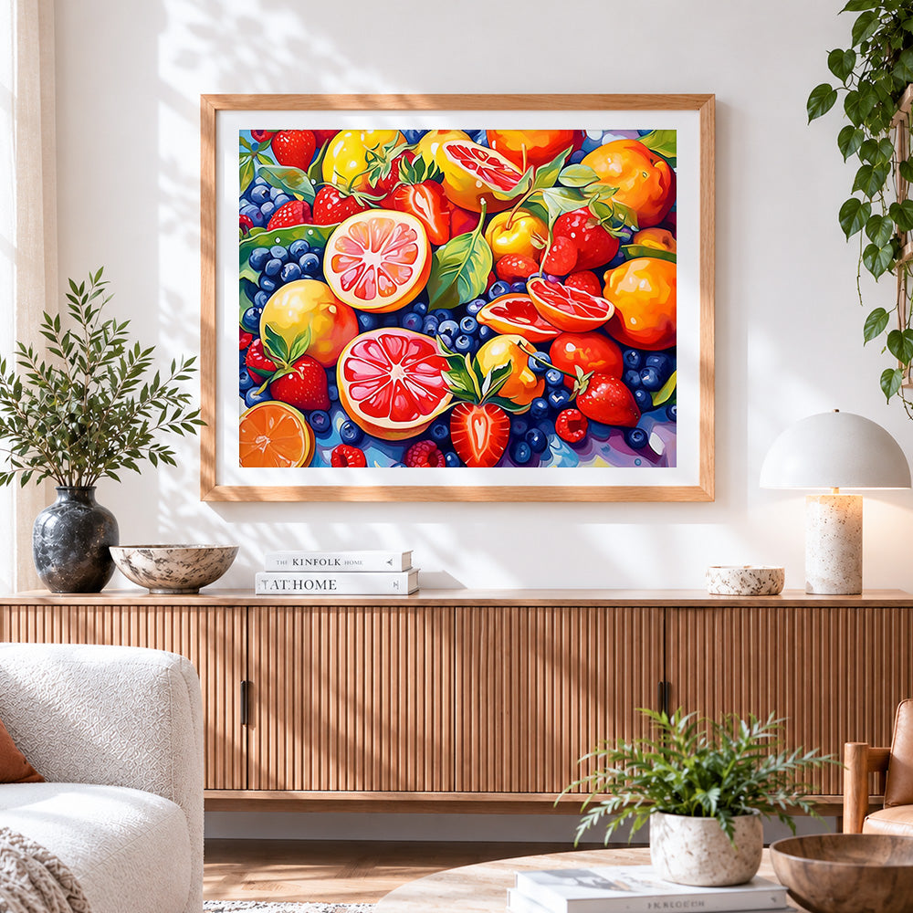 Finished grapefruit and berries collage cross stitch artwork displayed