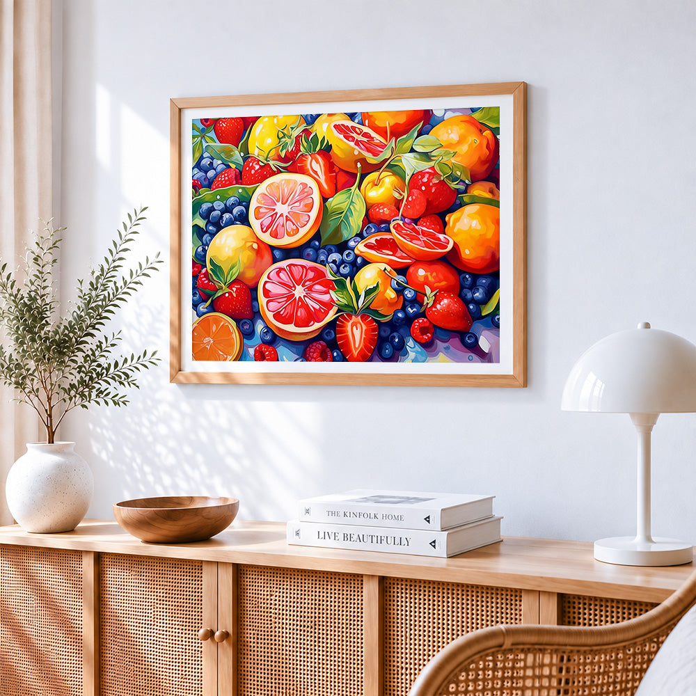 Grapefruit and berries collage cross stitch artwork displayed on wall as home decor