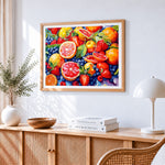 Grapefruit and berries collage paint by numbers artwork displayed on wall as home decor