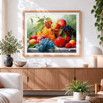 Finished grapes and apples in basket paint by numbers artwork displayed as home decor