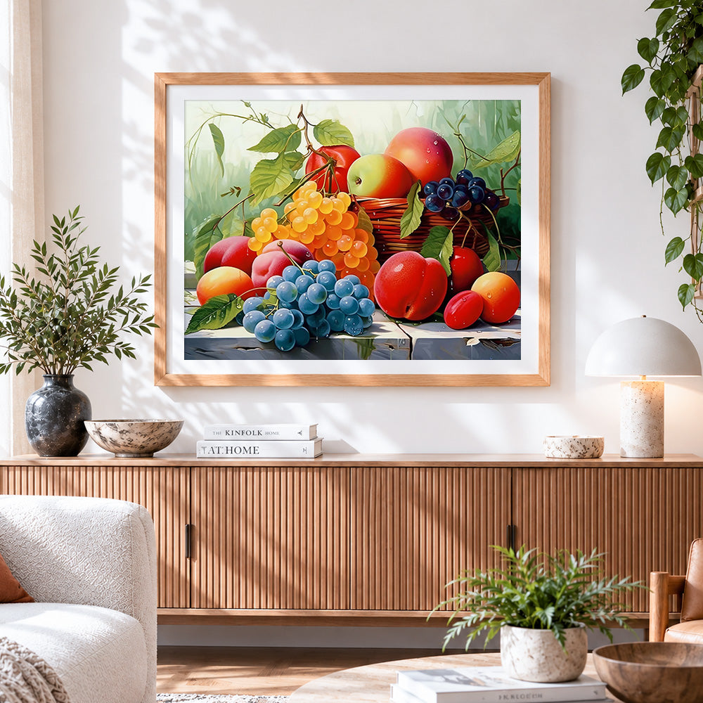 Finished grapes and apples in basket paint by numbers artwork displayed as home decor