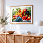 Grapes and apples in basket paint by numbers artwork displayed on wall as home decor