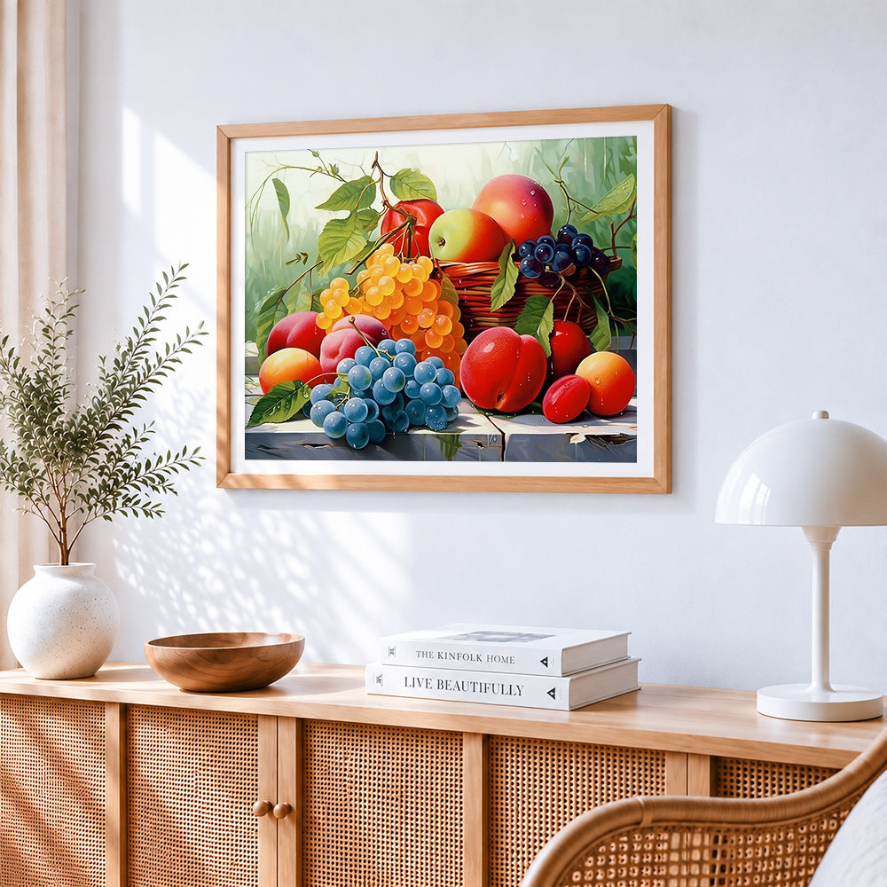 Grapes and apples in basket paint by numbers artwork displayed on wall as home decor