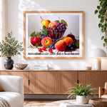 Finished grapes and peaches cross stitch artwork displayed