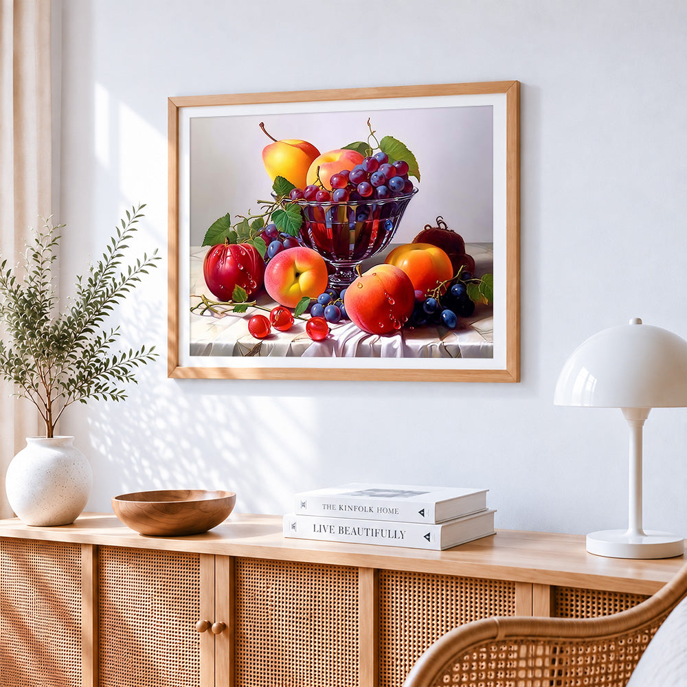 Grapes and peaches paint by numbers artwork displayed on wall as home decor