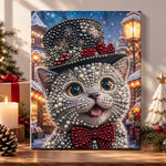 Gray kitten in festive top hat pearl diamond painting kit for beginners
