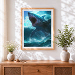 Finished great white shark breaching cross stitch artwork displayed