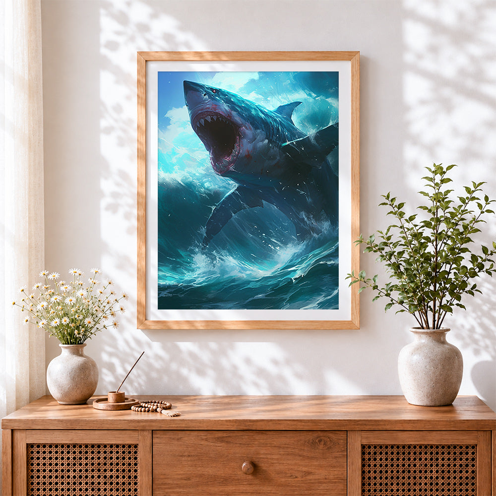 Finished great white shark breaching cross stitch artwork displayed