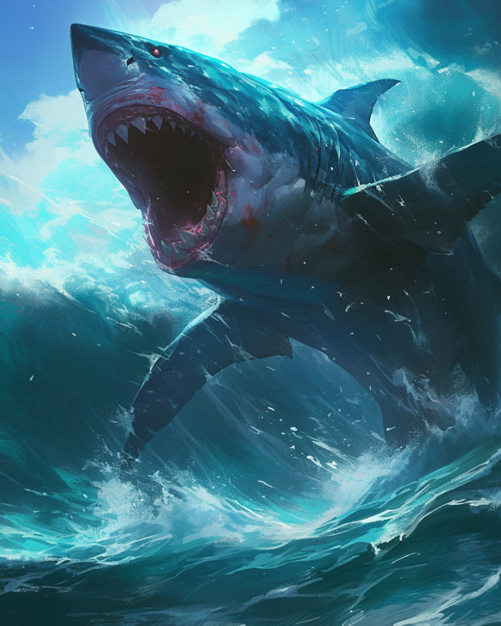Great white shark breaching cross stitch kit for beginners