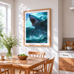 Great white shark breaching cross stitch artwork displayed on wall as home decor