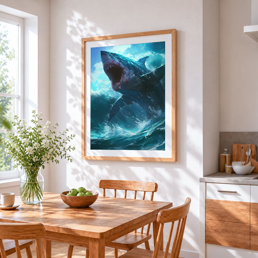 Great white shark breaching cross stitch artwork displayed on wall as home decor