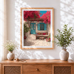 Finished greek courtyard with bougainvillea cross stitch artwork displayed