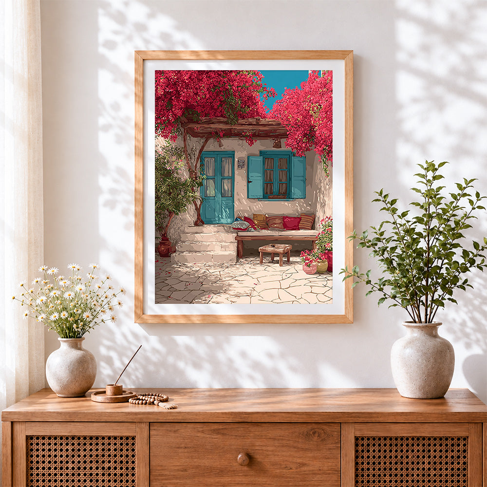 Finished greek courtyard with bougainvillea cross stitch artwork displayed