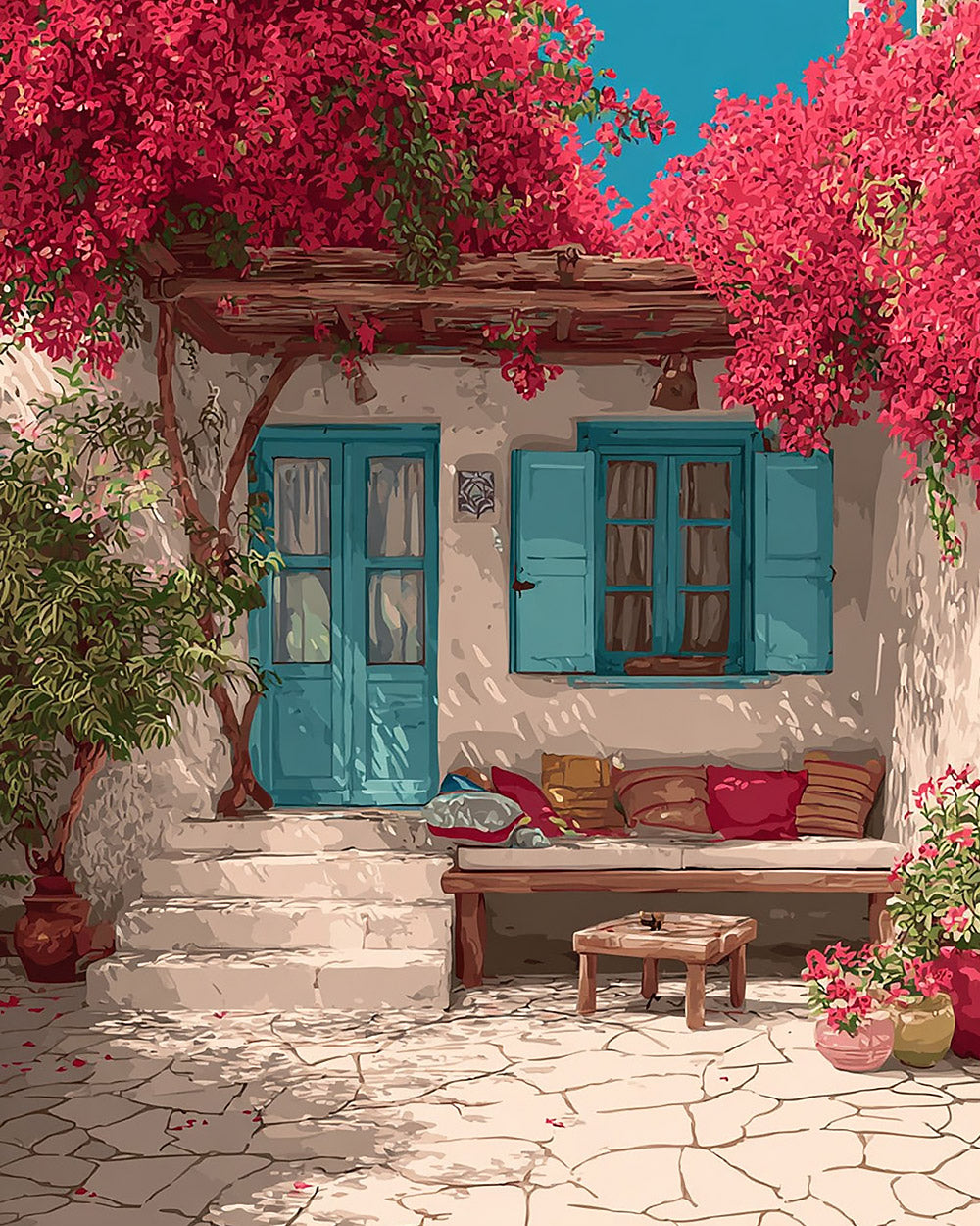 Greek courtyard with bougainvillea cross stitch kit for beginners