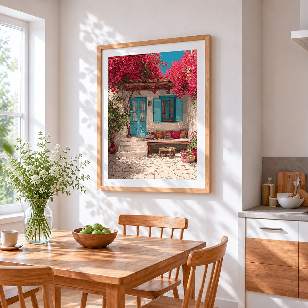 Greek courtyard with bougainvillea cross stitch artwork displayed on wall as home decor