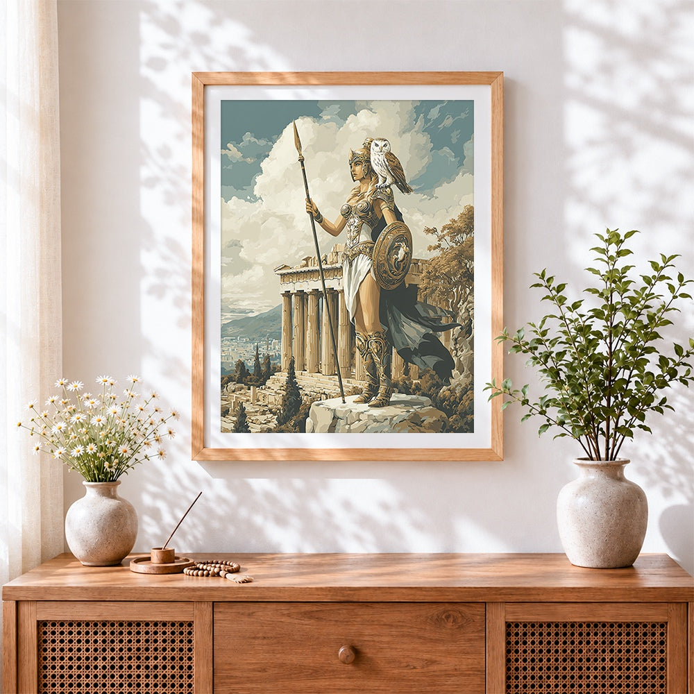 Finished greek goddess with spear at parthenon cross stitch artwork displayed