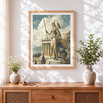 Finished greek goddess with spear at parthenon cross stitch artwork displayed