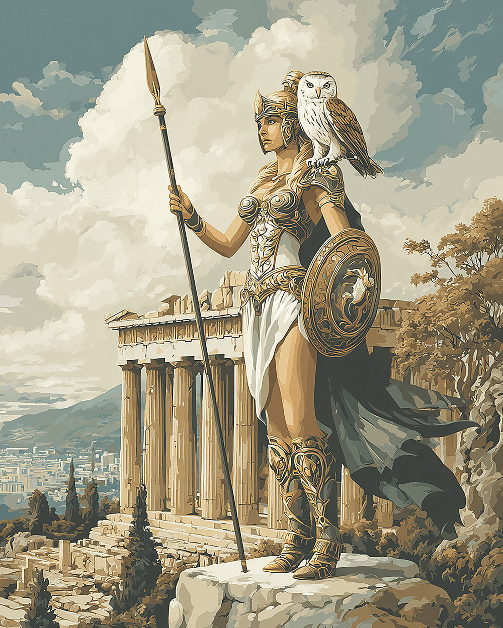 Greek goddess with spear at parthenon cross stitch kit for beginners