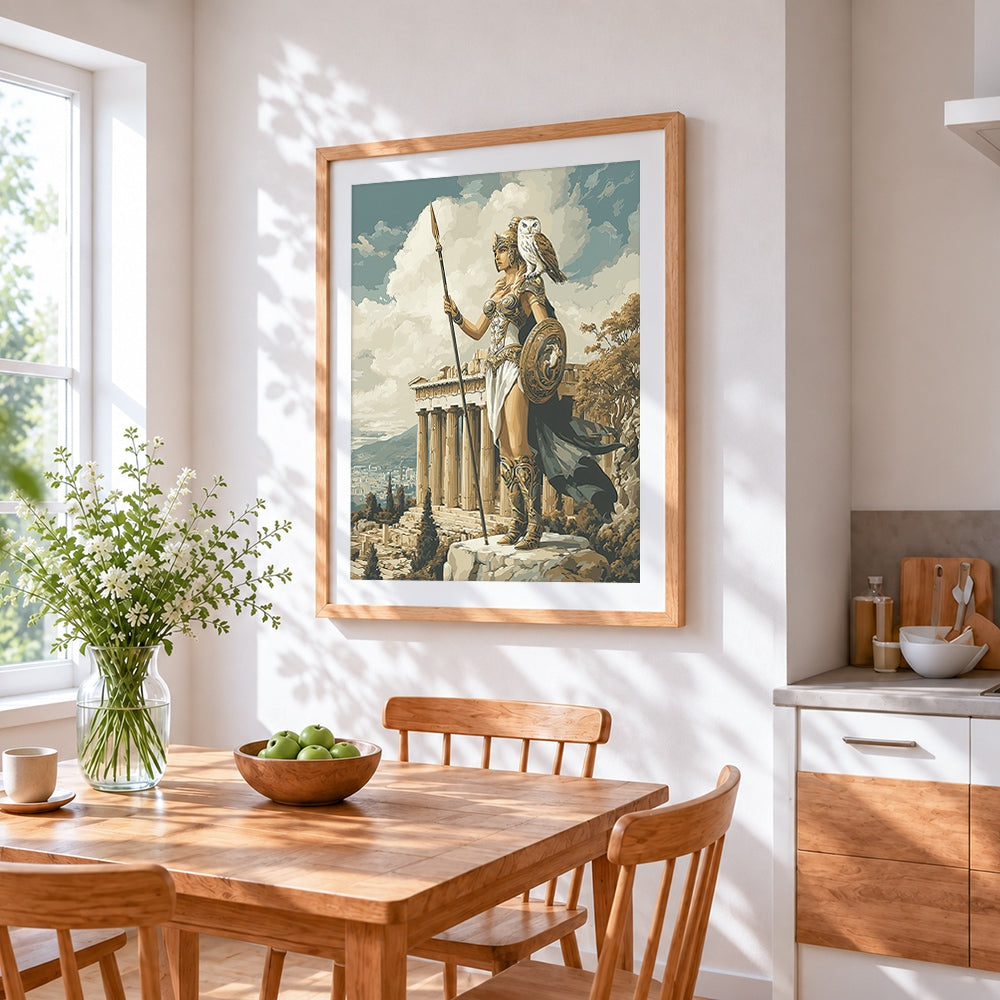Greek goddess with spear at parthenon cross stitch artwork displayed on wall as home decor