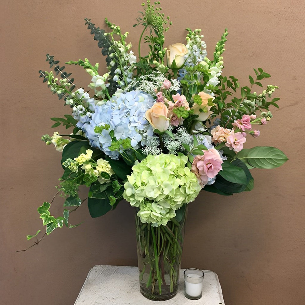 Green and blue hydrangea arrangement cross stitch kit for beginners