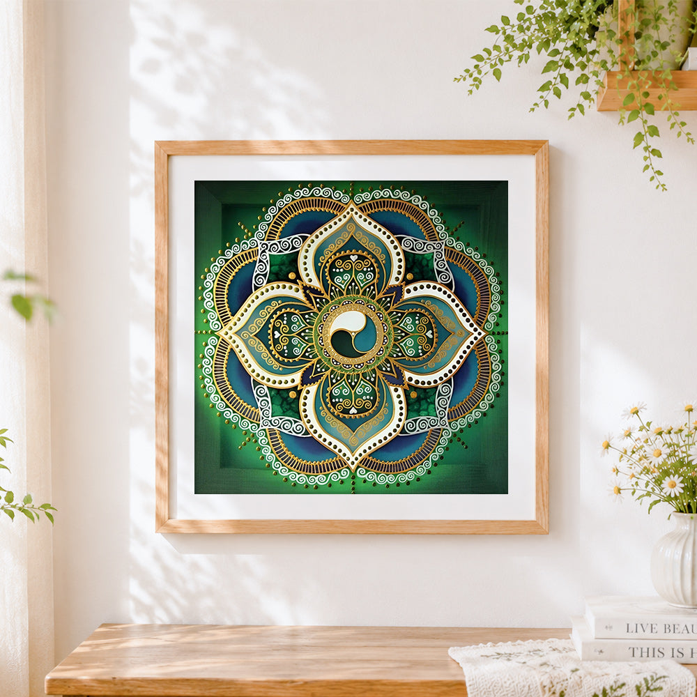Finished green and gold geometric mandala cross stitch artwork displayed