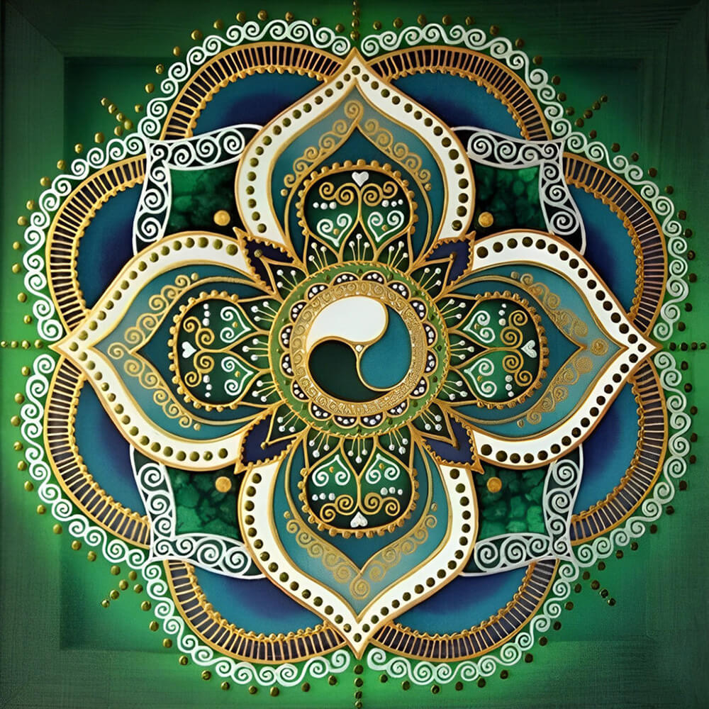 Green and gold geometric mandala cross stitch kit for beginners