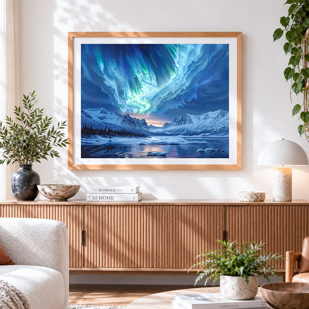 Finished green aurora and snowy mountains cross stitch artwork displayed