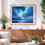 Finished green aurora and snowy mountains paint by numbers artwork displayed as home decor