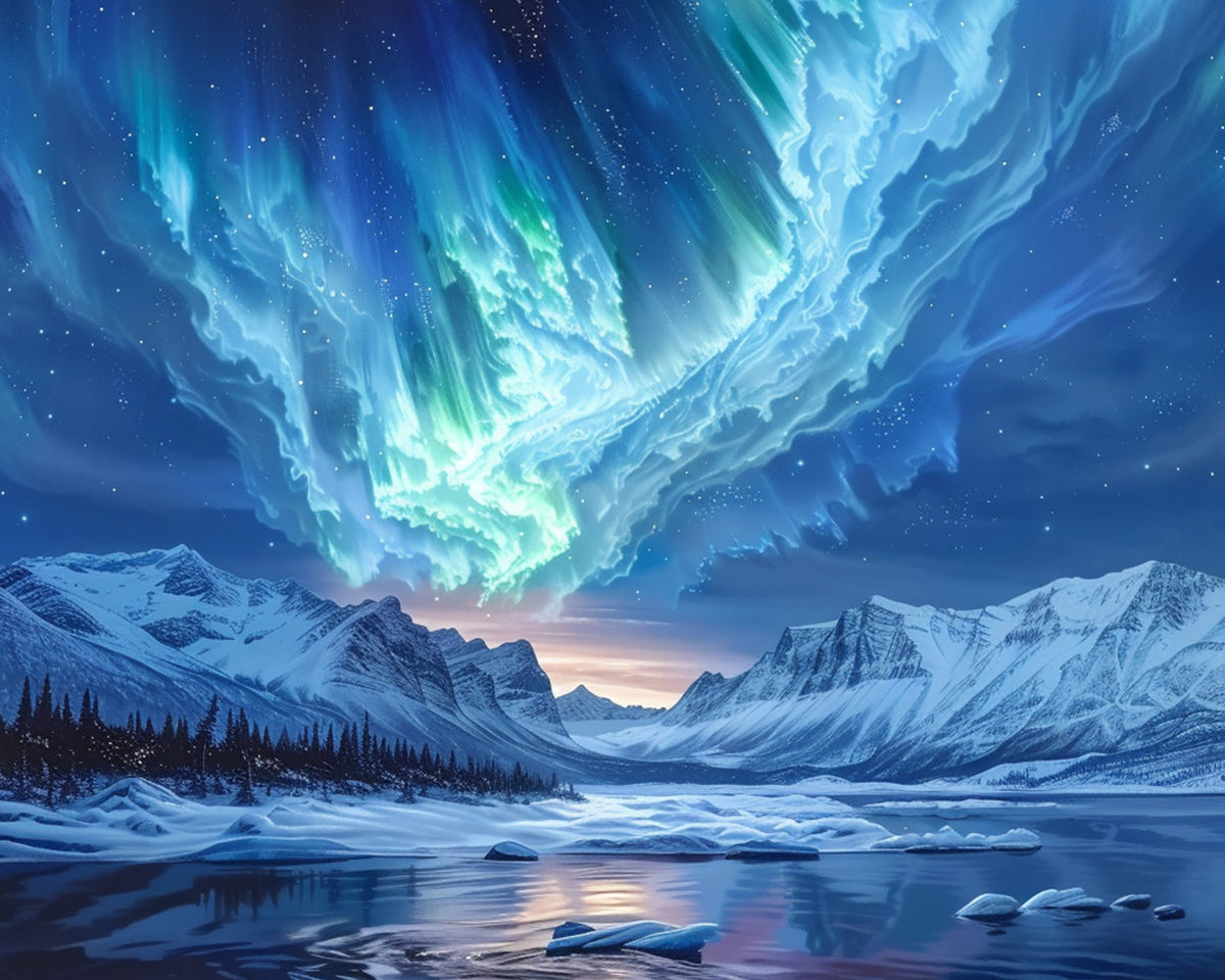 Green aurora and snowy mountains paint by numbers kit for beginners