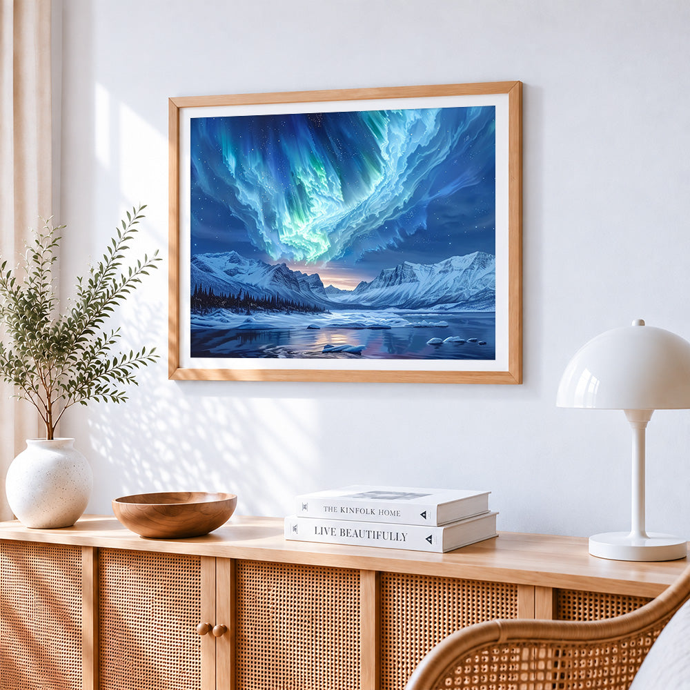 Green aurora and snowy mountains paint by numbers artwork displayed on wall as home decor