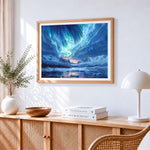 Green aurora and snowy mountains paint by numbers artwork displayed on wall as home decor