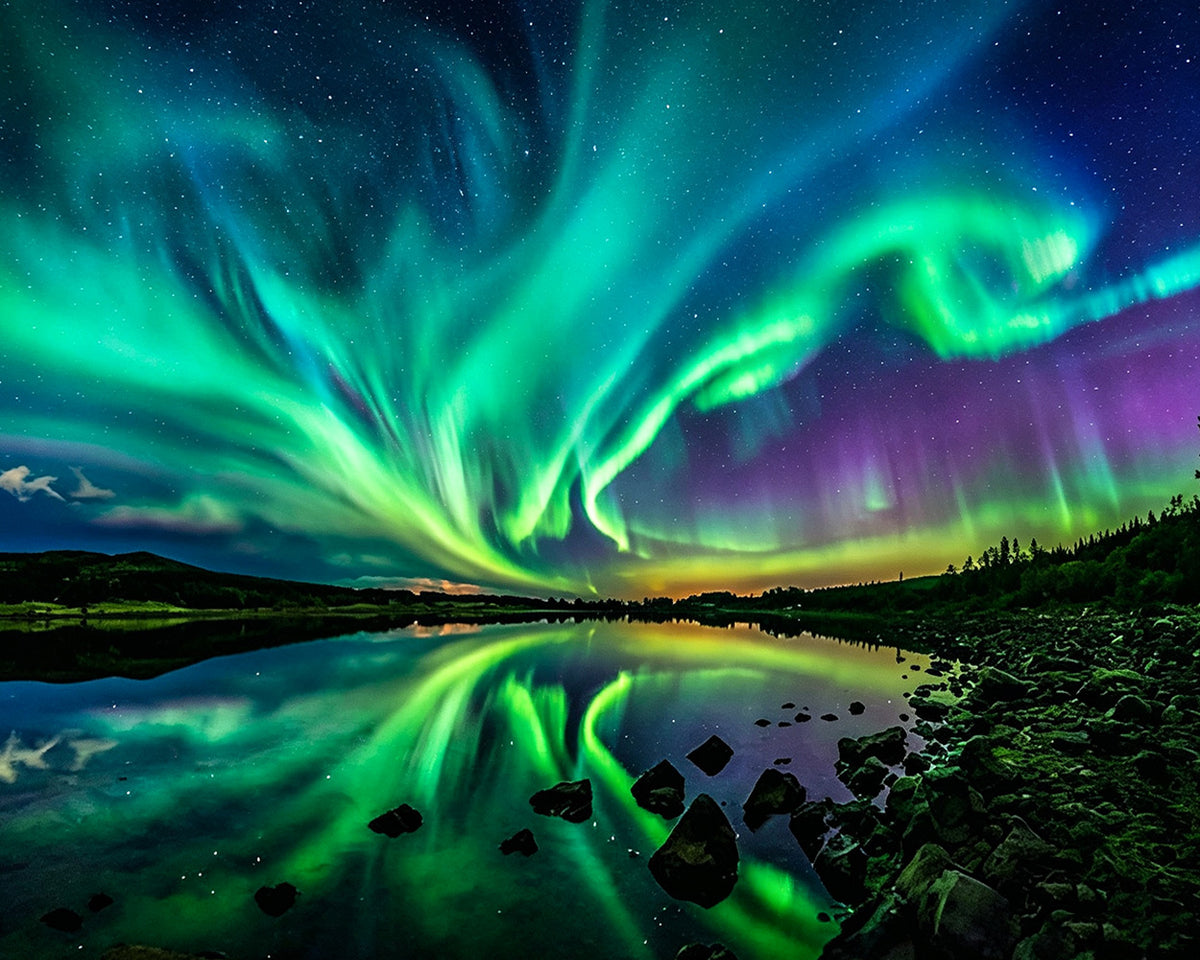Green aurora reflected in a lake cross stitch kit for beginners