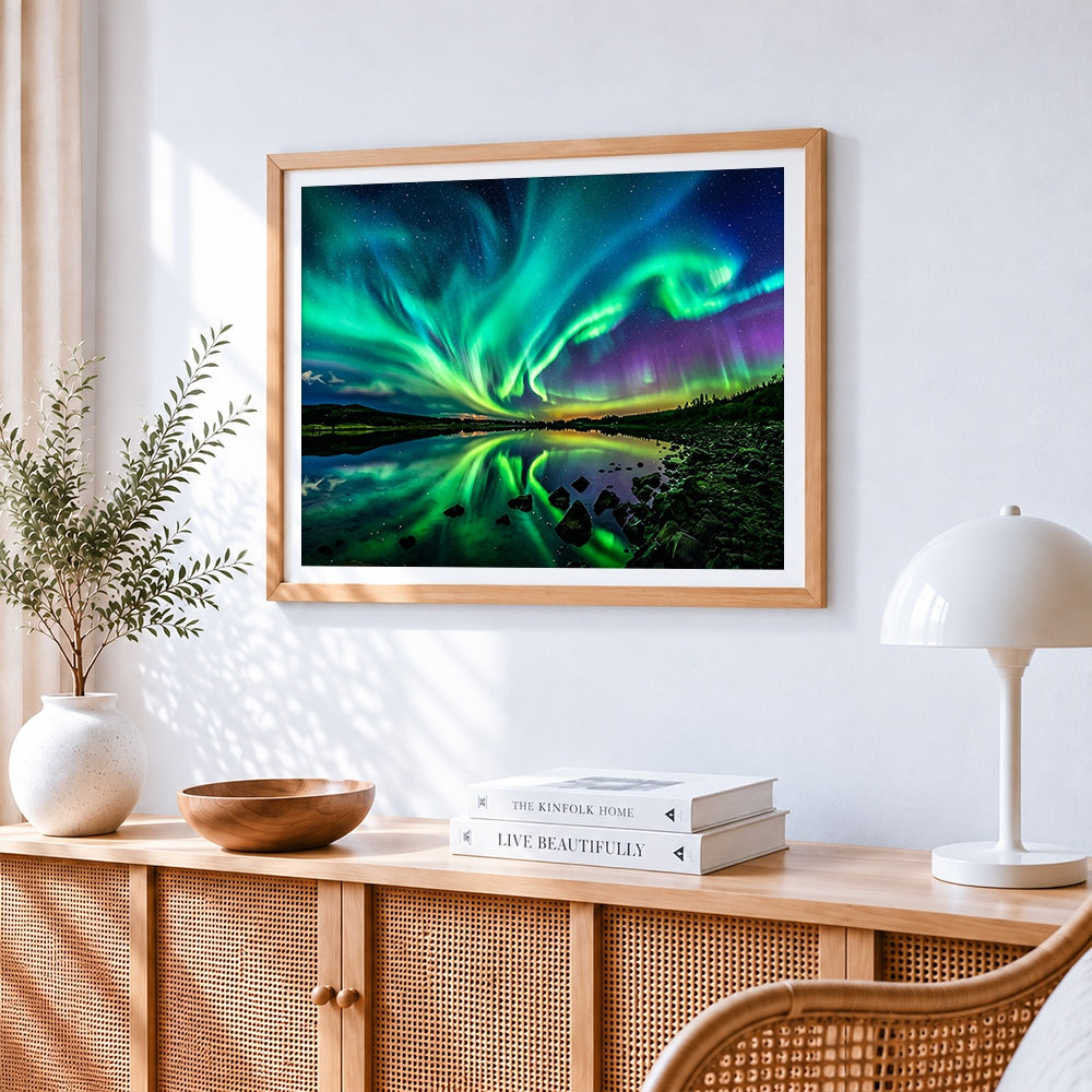 Green aurora reflected in a lake paint by numbers artwork displayed on wall as home decor