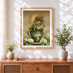 Finished green dragon in teacup cross stitch artwork displayed