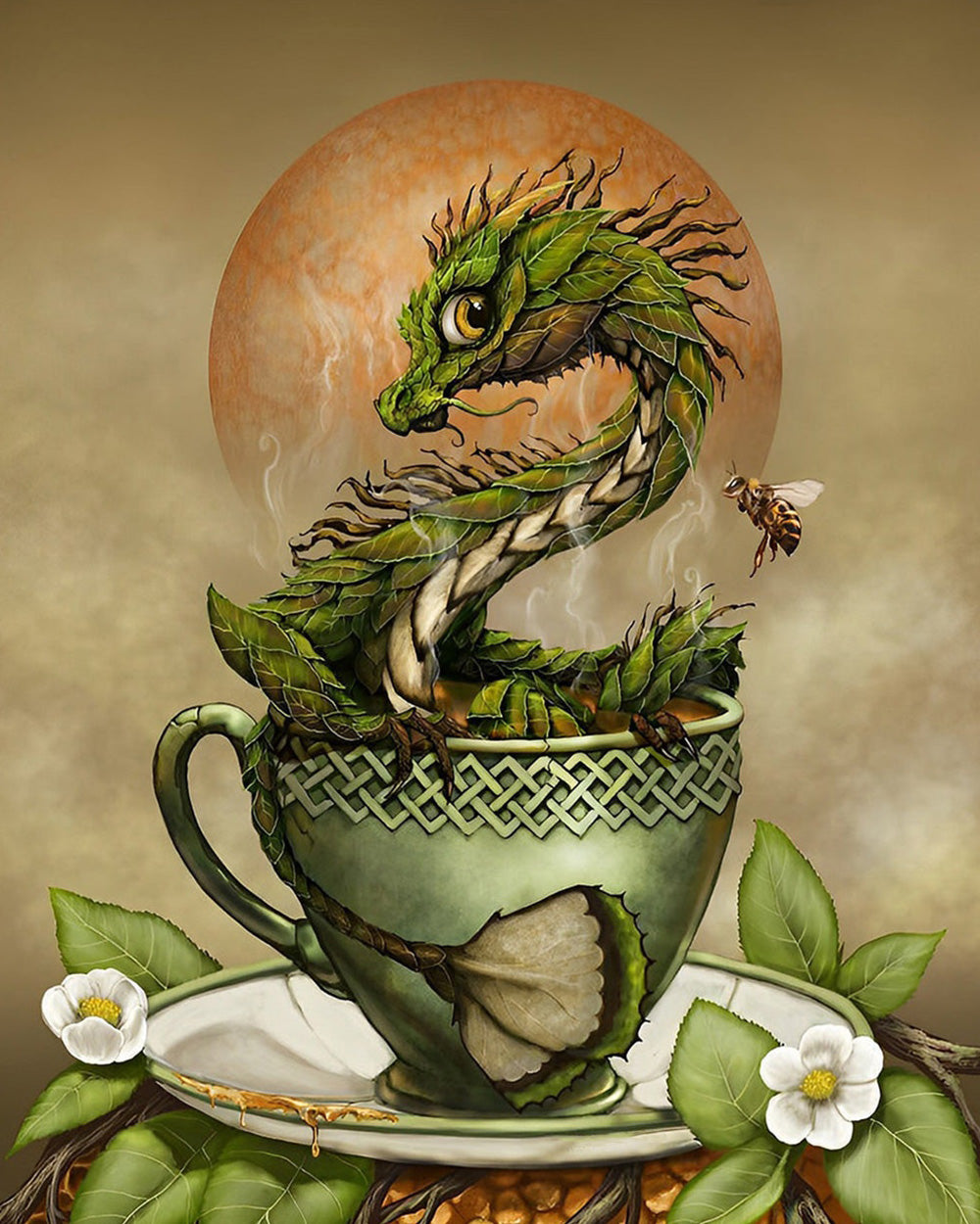 Green dragon in teacup cross stitch kit for beginners
