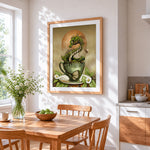 Green dragon in teacup cross stitch artwork displayed on wall as home decor