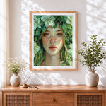 Finished green eyed nature goddess cross stitch artwork displayed