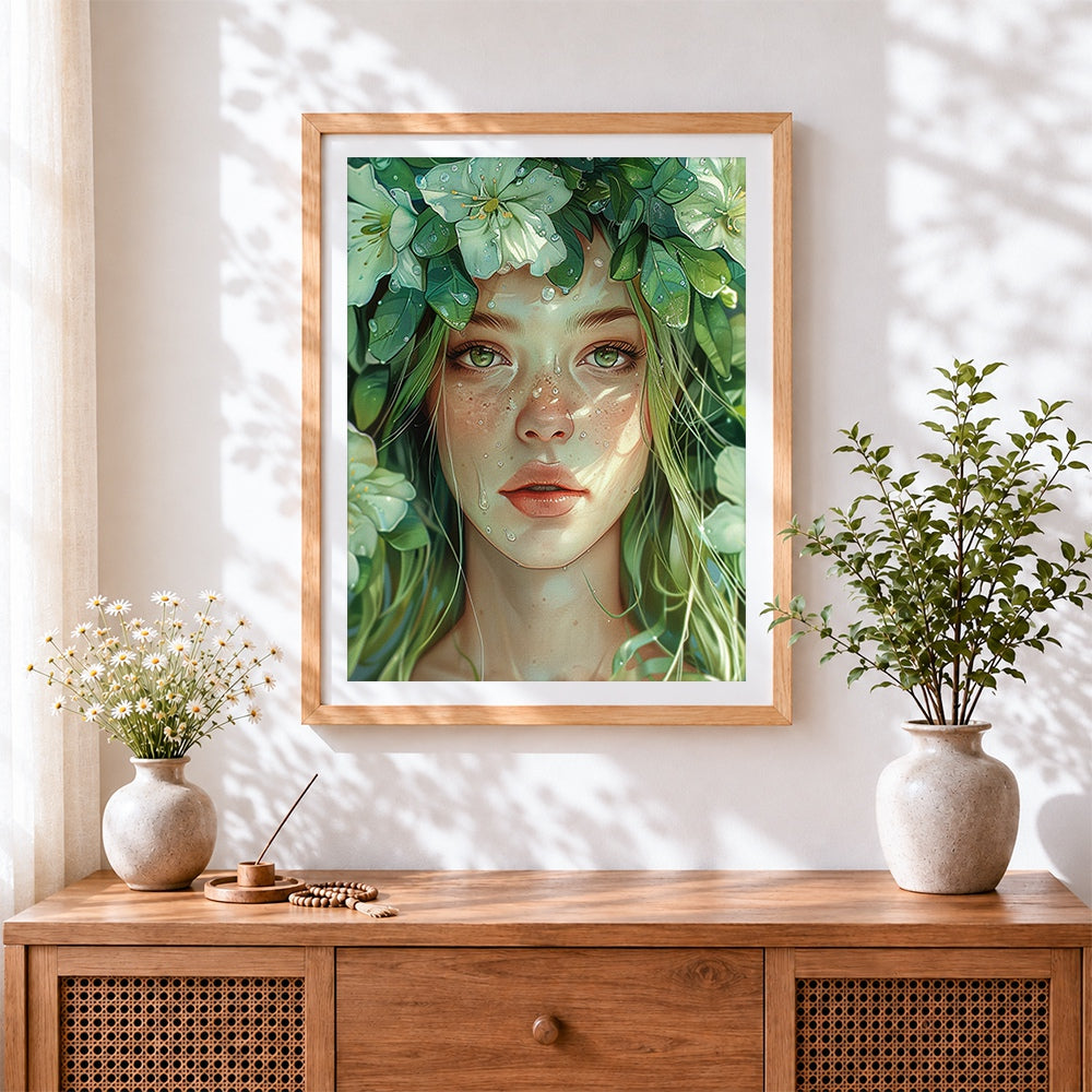 Finished green eyed nature goddess cross stitch artwork displayed