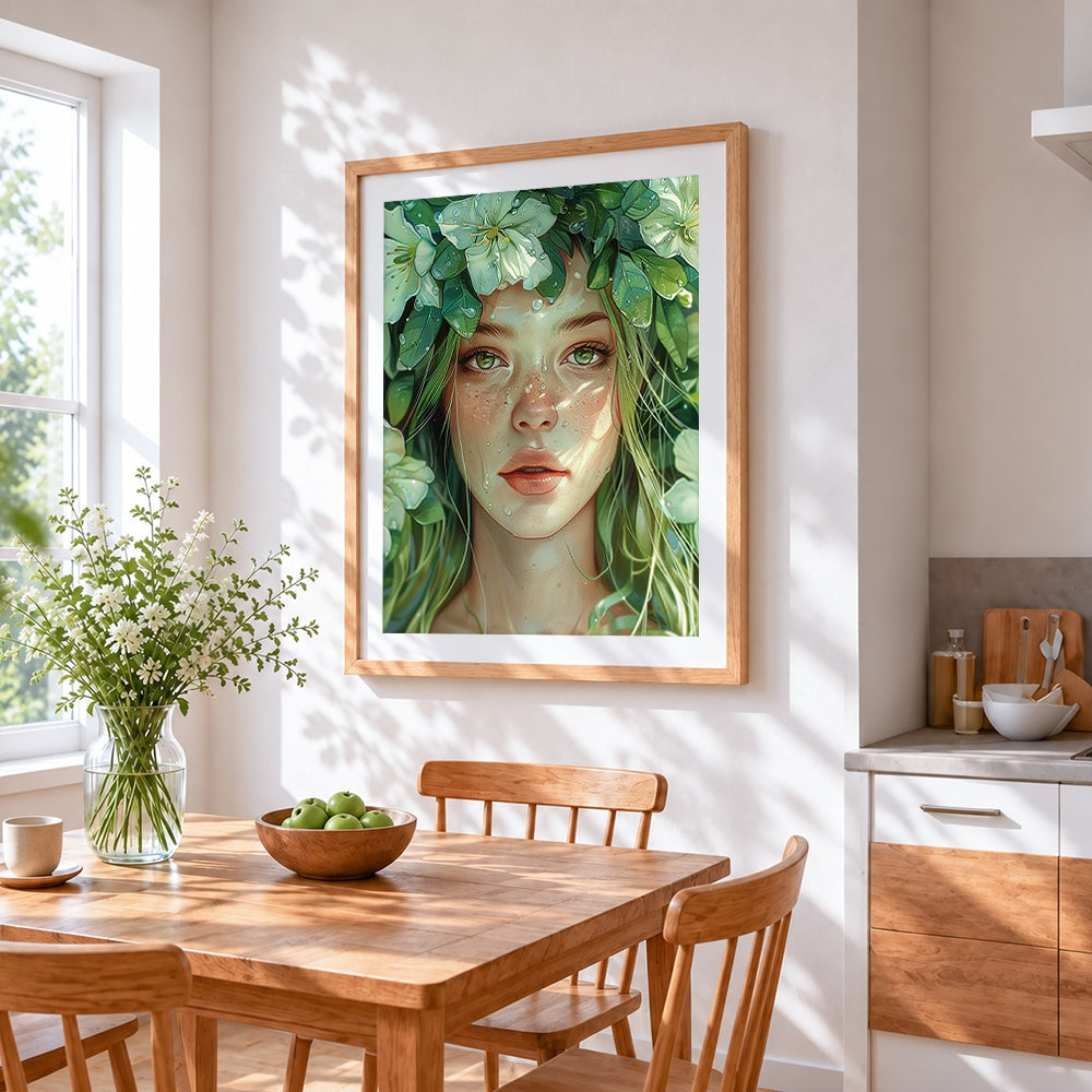 Green eyed nature goddess cross stitch artwork displayed on wall as home decor