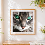 Finished green eyed tabby cat cross stitch artwork displayed