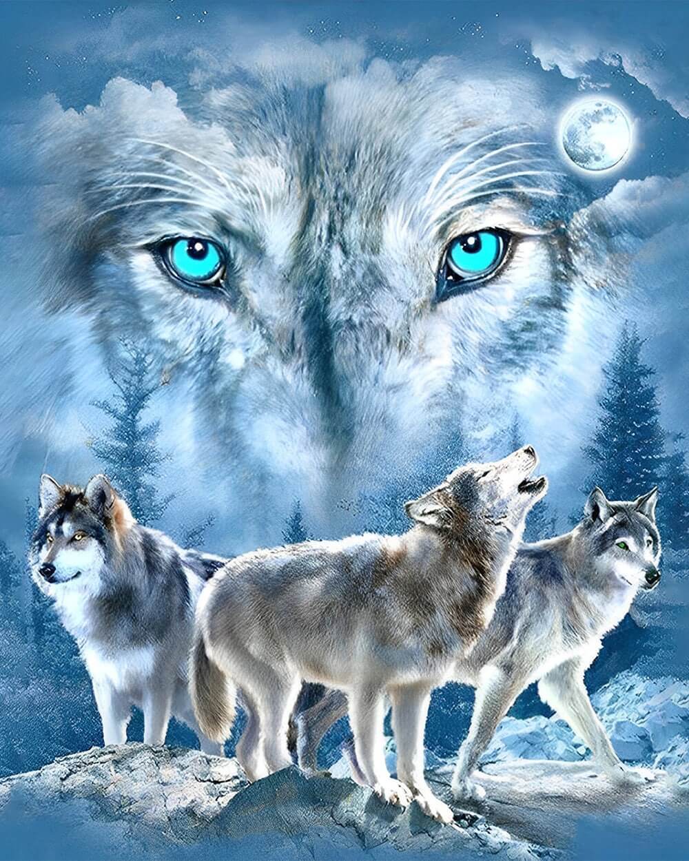 Green eyed wolf pack cross stitch kit for beginners