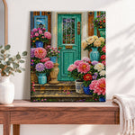 Finished green front door with potted blooms pearl diamond painting artwork displayed as home decor