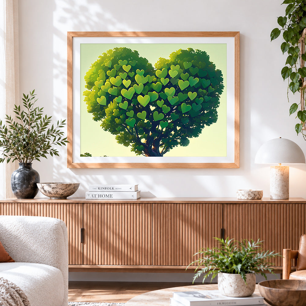 Finished green heart shaped tree paint by numbers artwork displayed as home decor