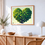 Green heart shaped tree paint by numbers artwork displayed on wall as home decor