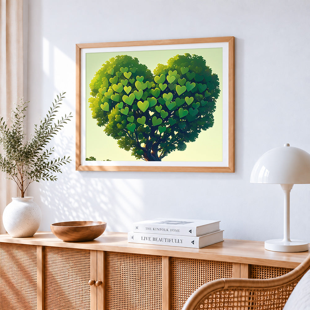 Green heart shaped tree paint by numbers artwork displayed on wall as home decor