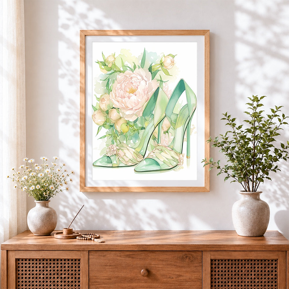 Finished green heels and peonies cross stitch artwork displayed