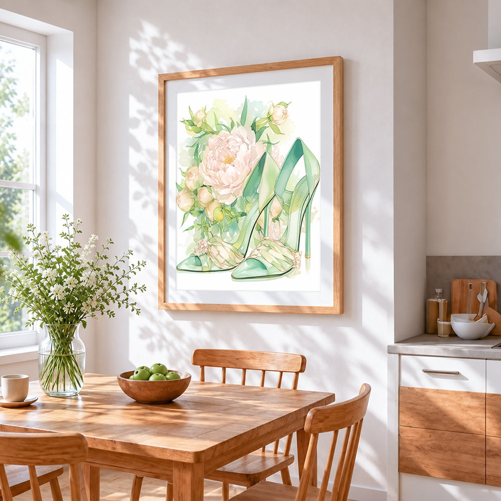 Green heels and peonies cross stitch artwork displayed on wall as home decor