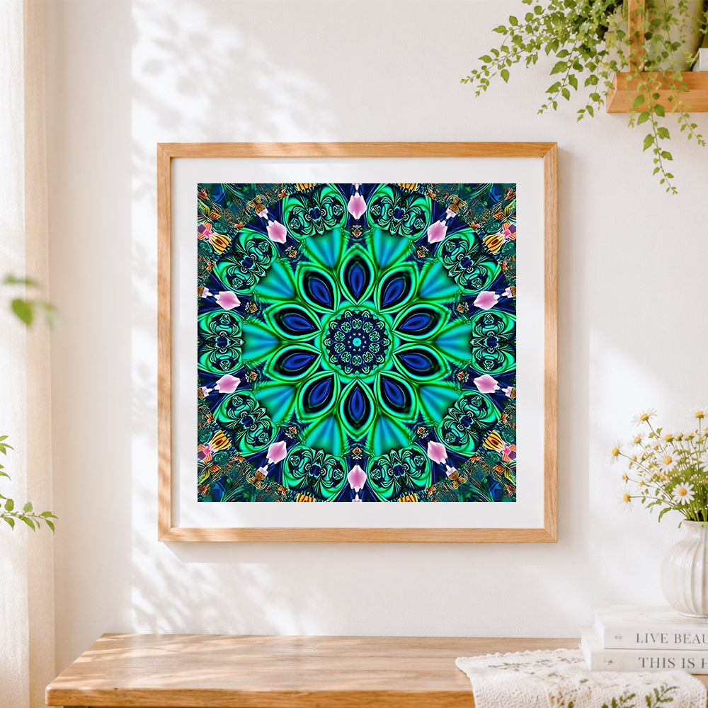Finished green kaleidoscope mandala cross stitch artwork displayed