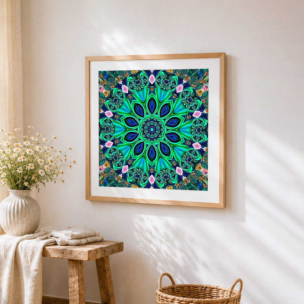 Green kaleidoscope mandala cross stitch artwork displayed on wall as home decor