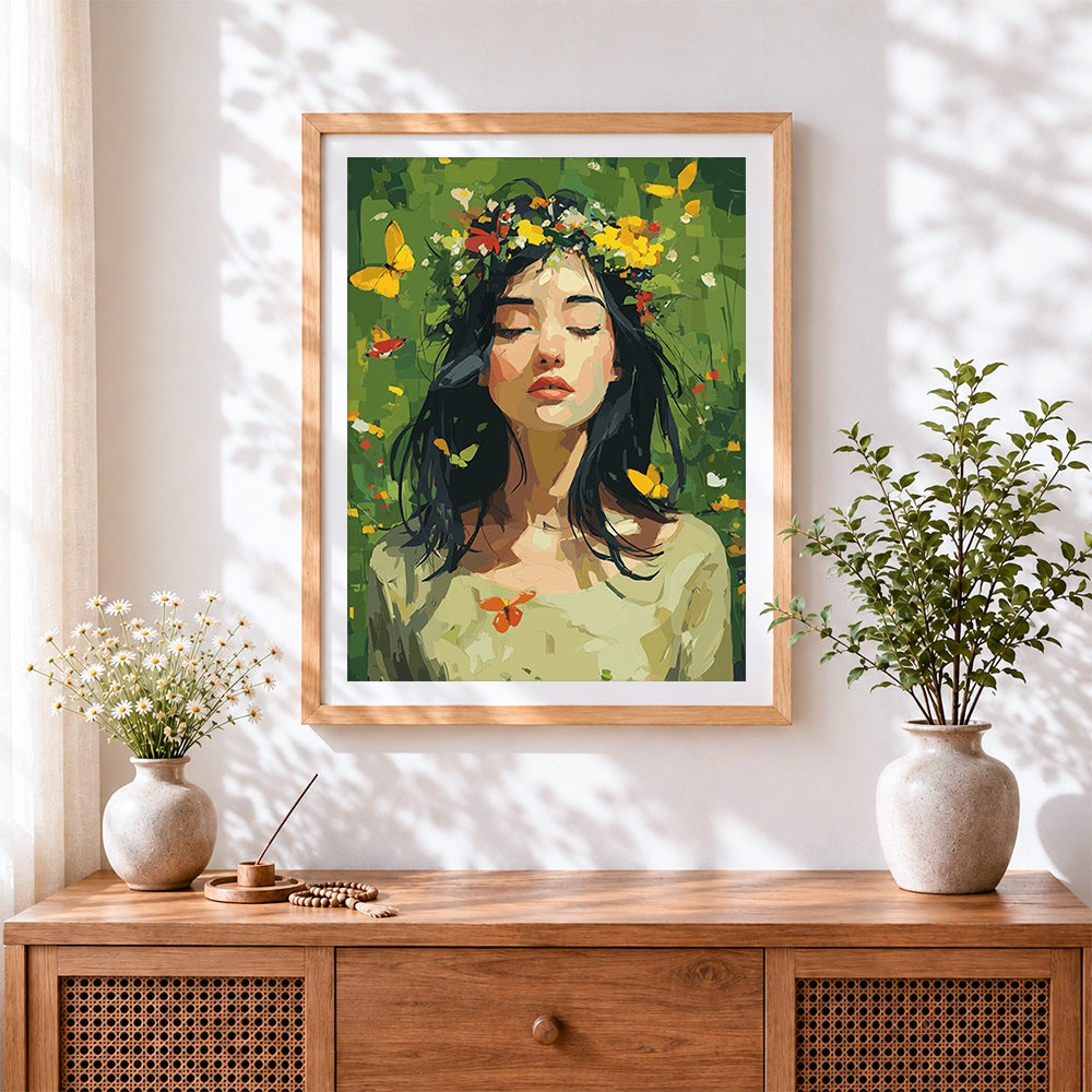 Finished green leaf flower crown woman cross stitch artwork displayed